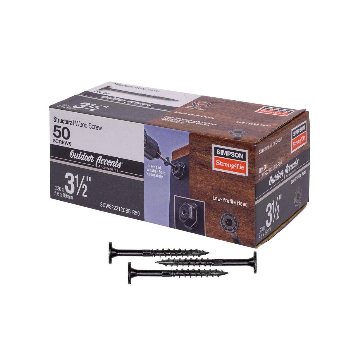 0.220" x 3-1/2" Strong-Tie SDWS22312DBB-R50 Structural Screw T40 Star Double Barrier Black - Pkg 50