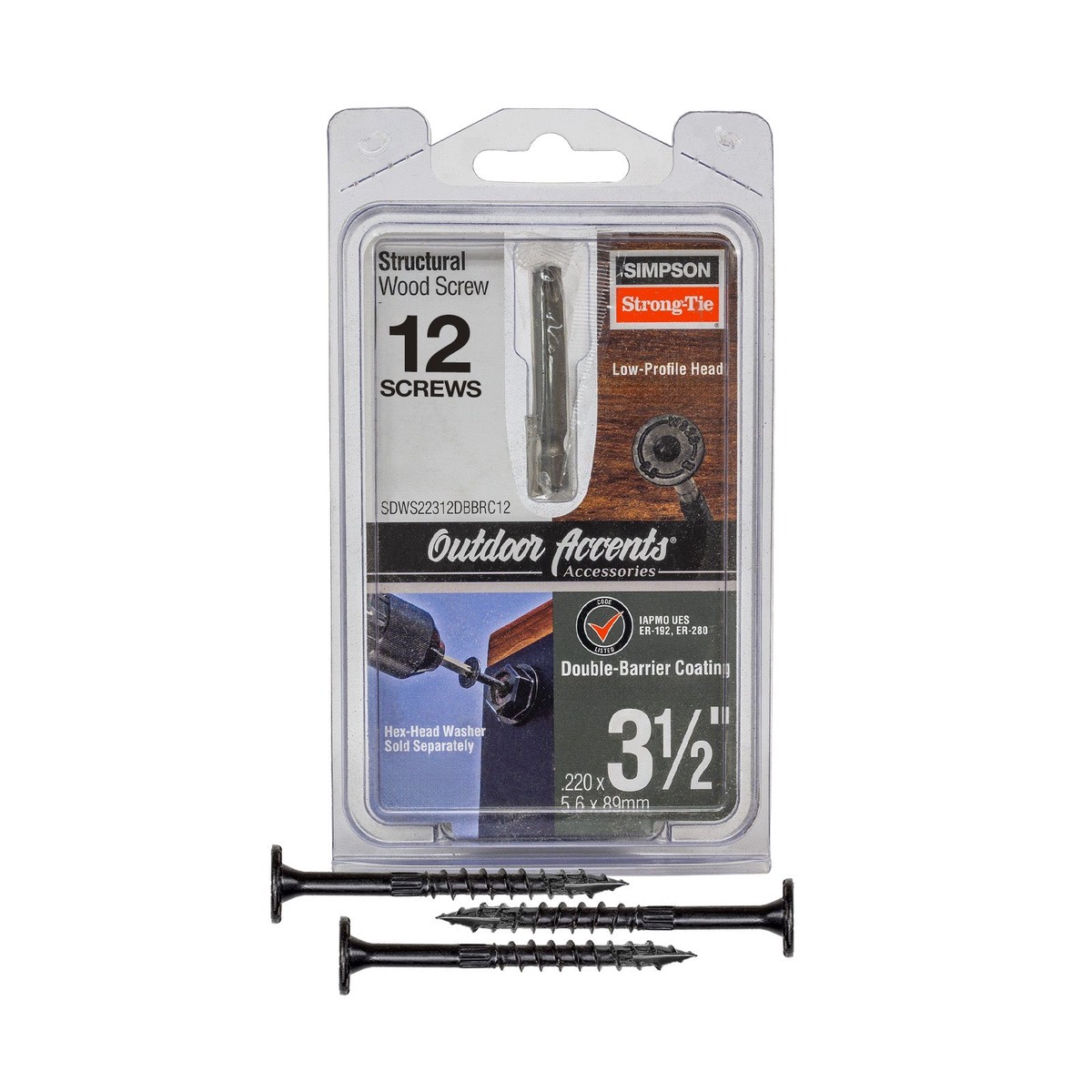 0.220" x 3-1/2" Strong-Tie SDWS22312DBBRC12 Structural Screw T40 Star Double Barrier Black - Pkg 12